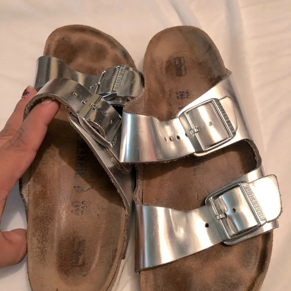 Birkenstock Arizona Softbed Metallic Silver Narrow (Women's)